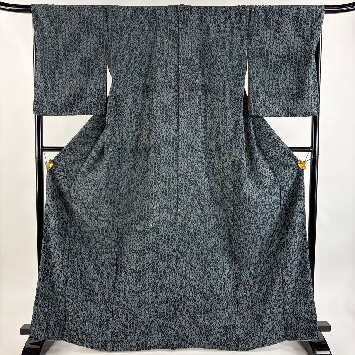 美品】 小紋 身丈166cm 裄丈67cm M 袷 幾何学模様 縮緬 深緑 正絹 秀品