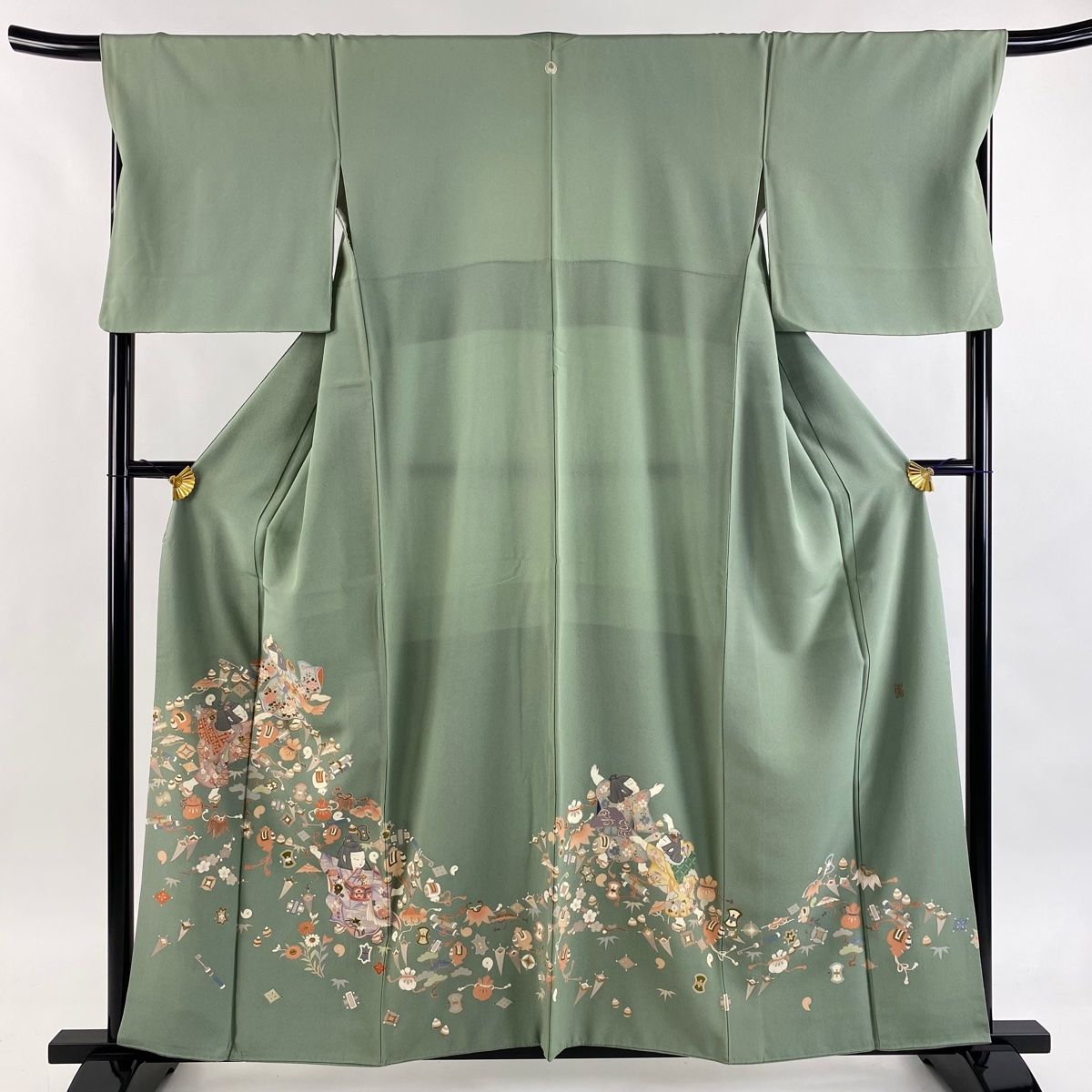 色留袖 身丈158cm 裄丈68cm L 袷 落款 宝尽くし 金彩 薄緑 正絹 秀品