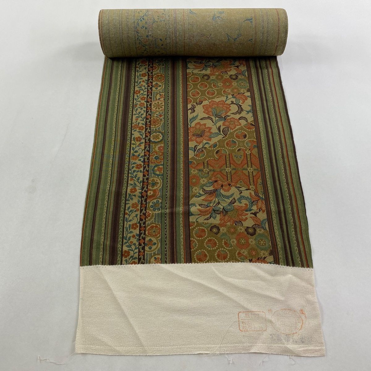 反物 秀品 小紋 草花 縞 縮緬 灰緑 正絹