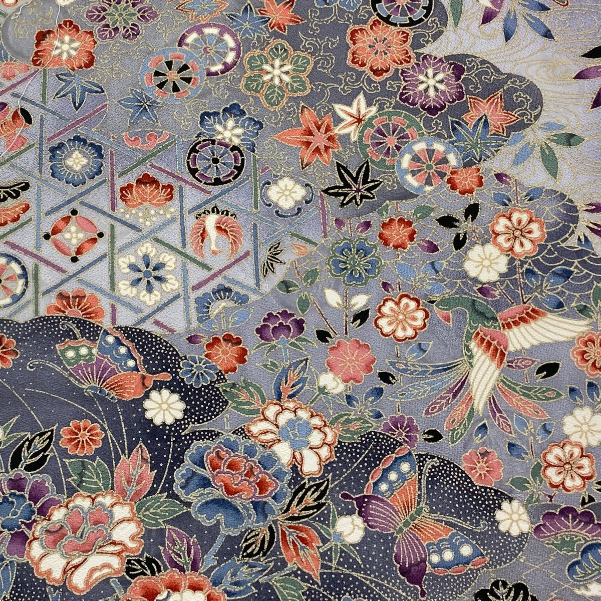 反物 秀品 小紋 雲文 花鳥 金彩 ぼかし 灰色 正絹