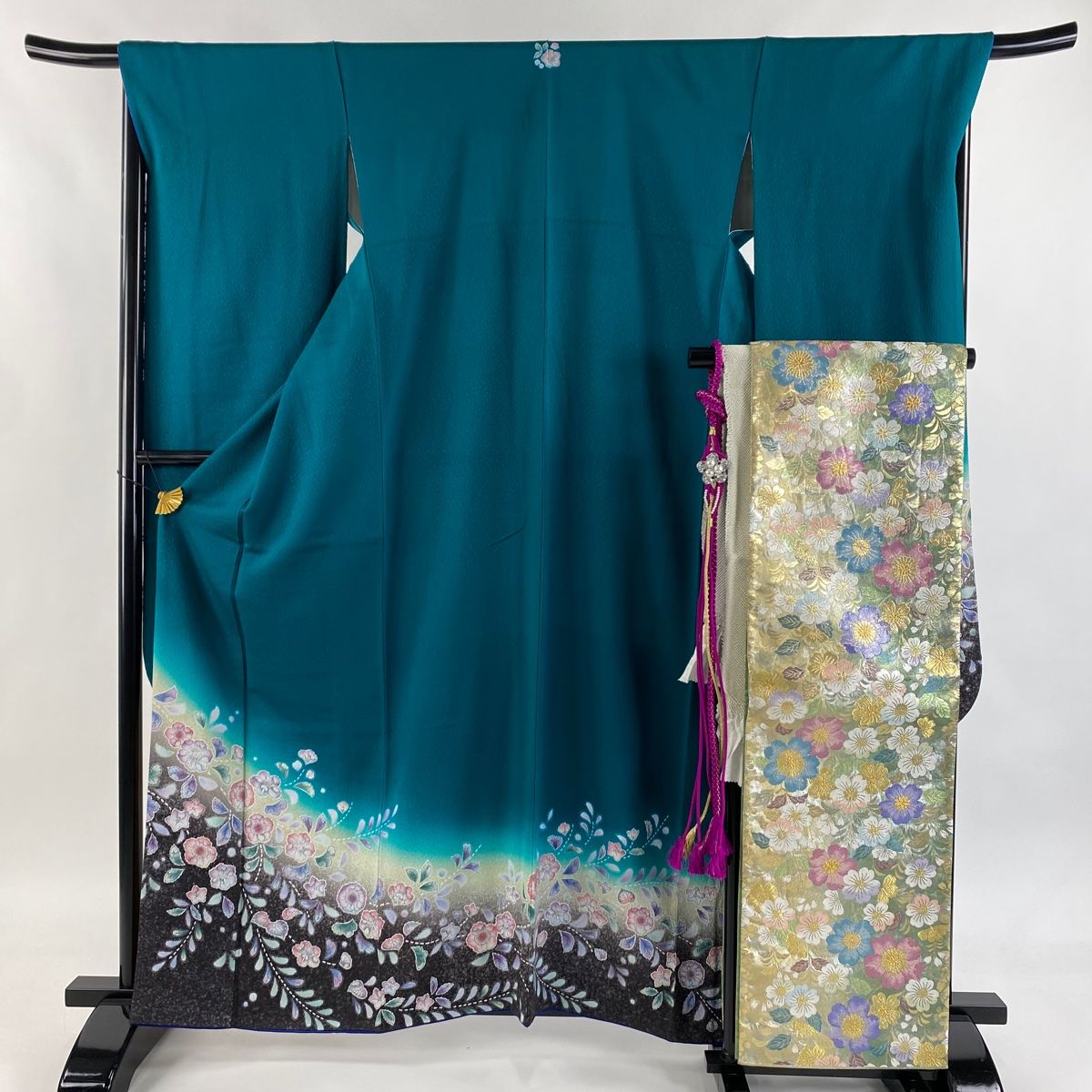 振袖 身丈162 cm 裄丈68 L 袷 袋帯フルセット 鈴乃屋 辻が花柄 染分け ぼかし 緑 正絹 三つ紋