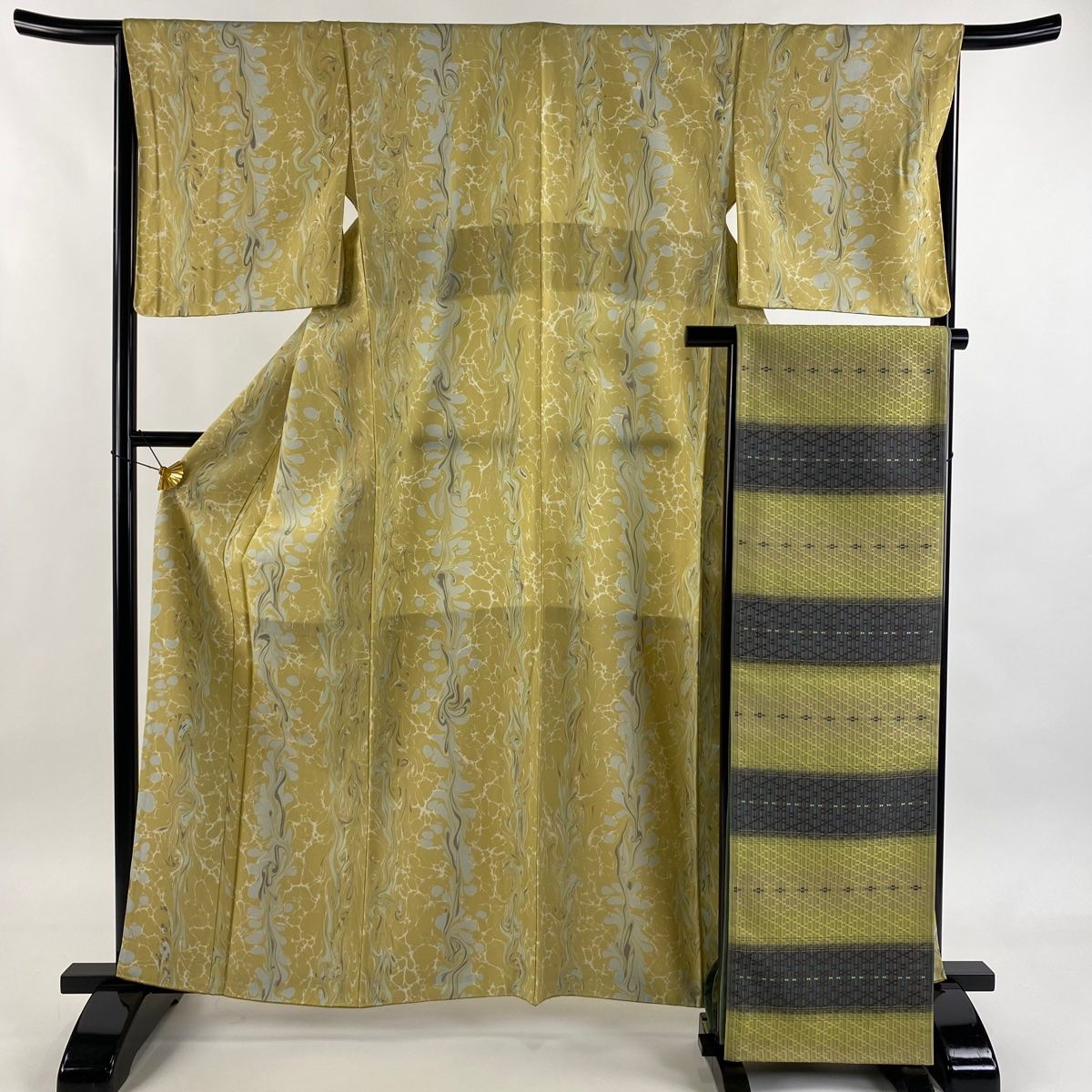 小紋 身丈162 5 cm 裄丈66 M 袷 袋帯セット 墨流し 幾何学模様 ベージュ 正絹