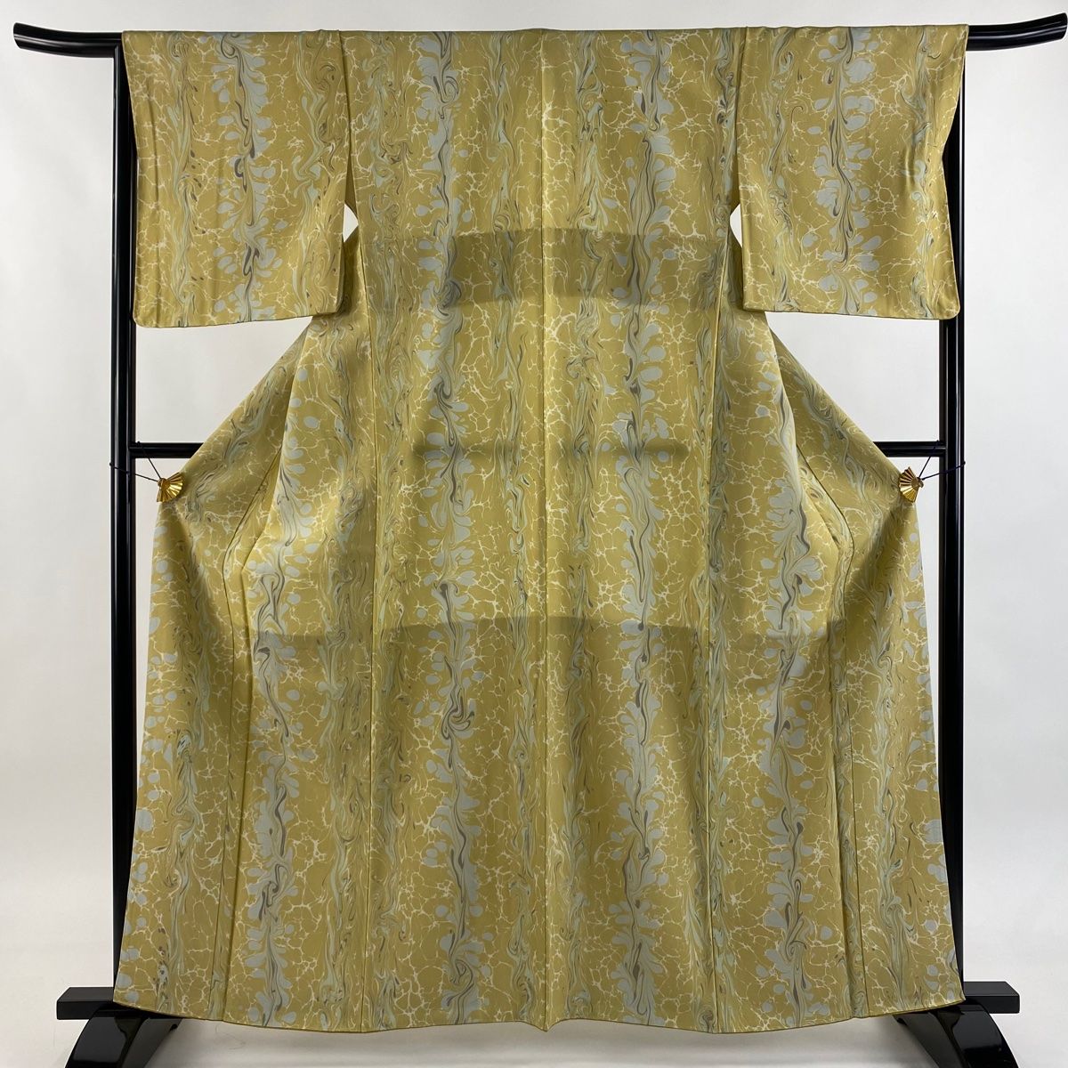  小紋 身丈162.5 cm 裄丈66 M 袷 袋帯セット 墨流し 幾何学模様 ベージュ 正絹 小紋 着物