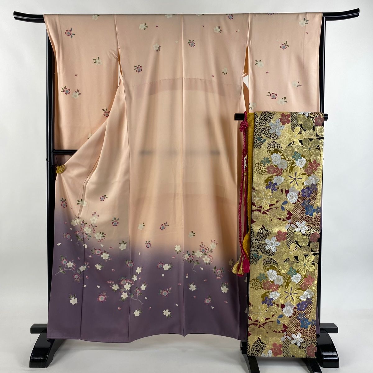 振袖 身丈162 5 cm 裄丈67 M 袷 袋帯フルセット 桜 花びら 染分け ぼかし ピンク 正絹 秀品