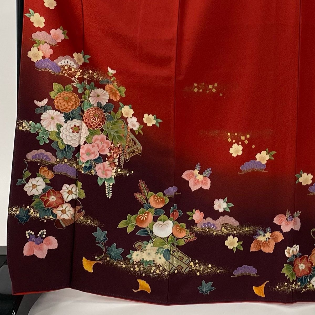振袖 身丈169 cm 裄丈65 M 袷 袋帯フルセット 和楽器 草花 金彩 染分け 赤 正絹 秀品