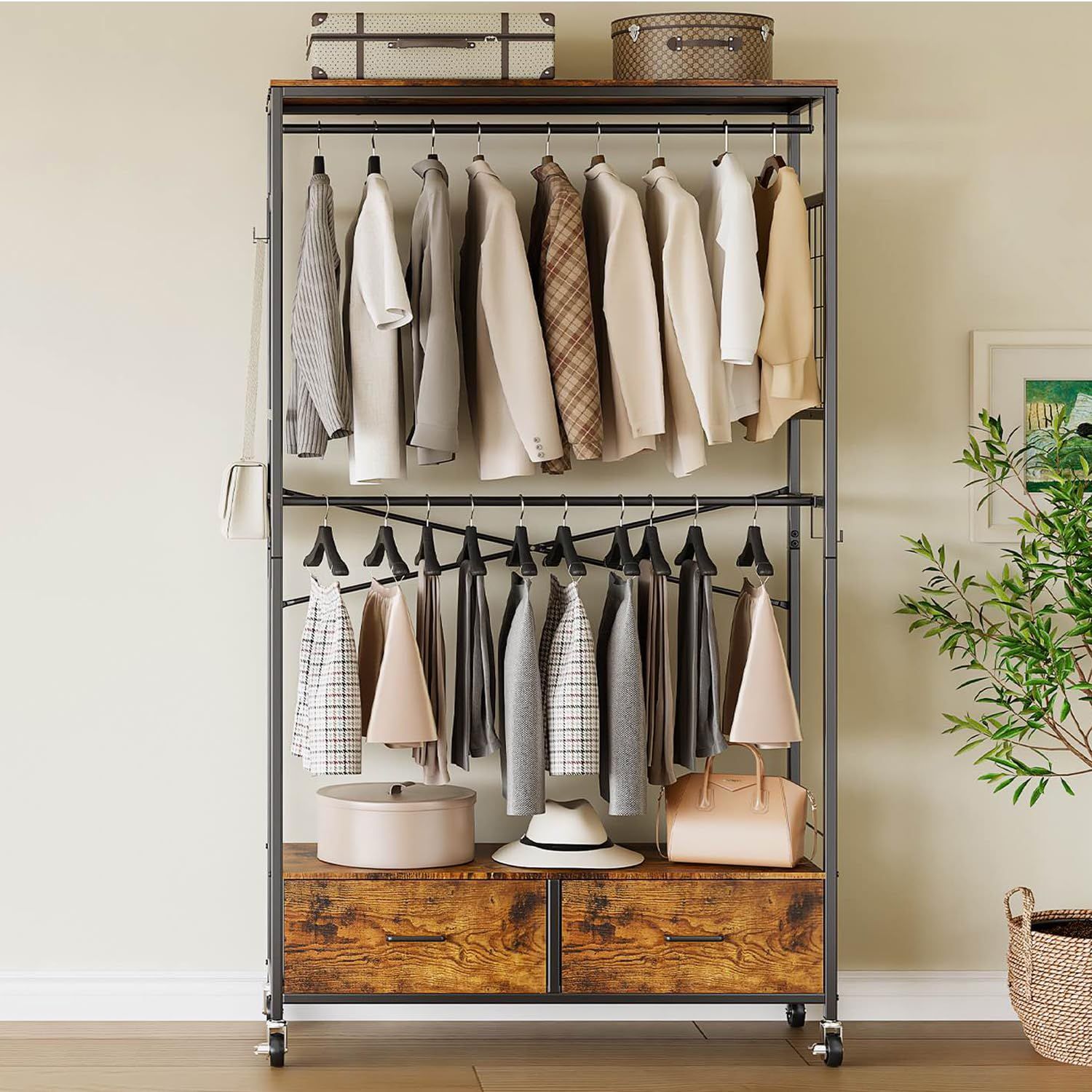 新匠 ハンガーラック 頑丈 ２段 洋服ラック 引き出し付き 大容量 衣装棚 収納ラック大容量 洋服収納 パイプハンガー 洋服掛け 衣類 衣装 クローゼット ズボンハンガー 全体耐荷重180 kg-幅97奥行35高さ179 cm