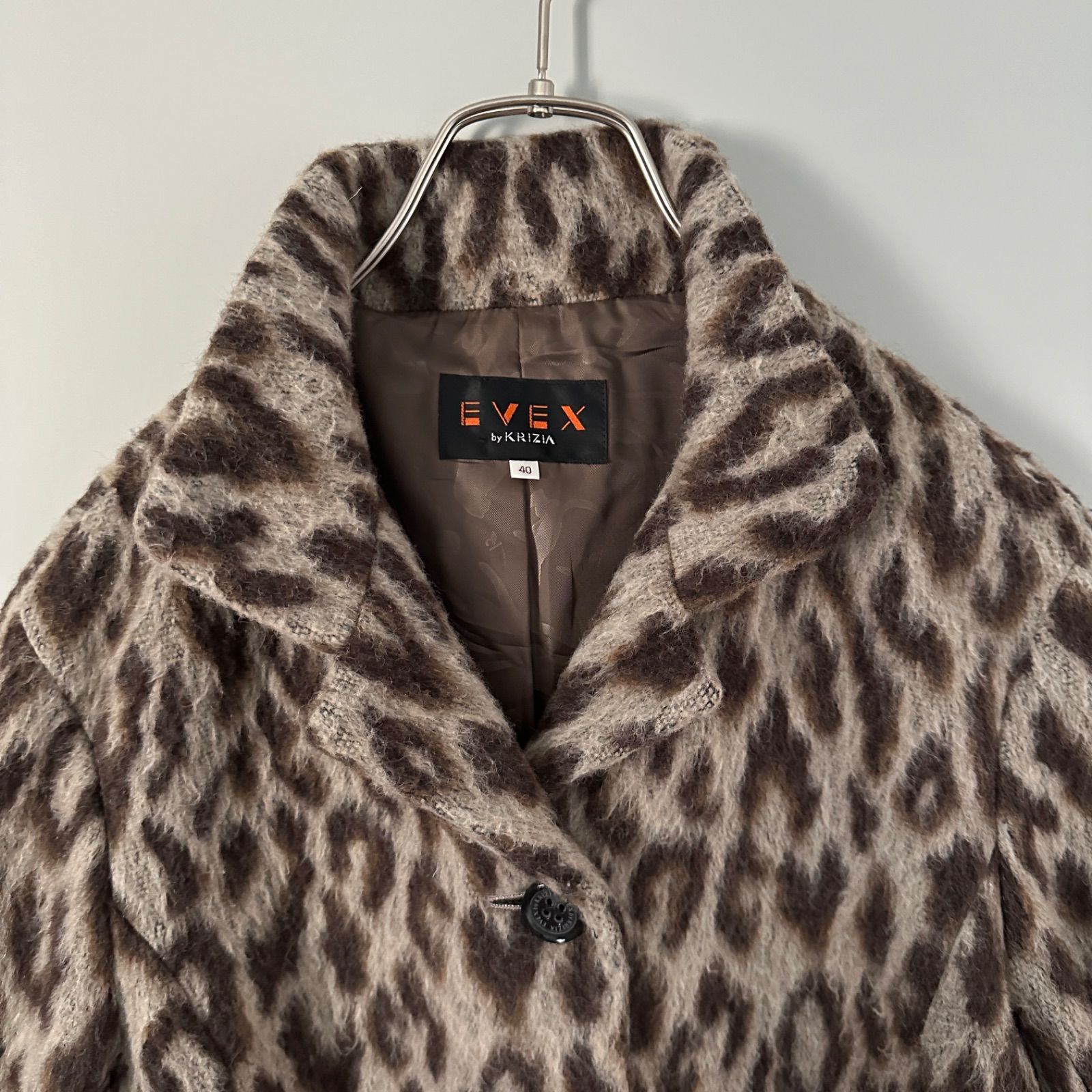 BBX様✨ジバンシー シルク100％ レオパード 総柄 コート ノーカラー EVEX by KRIZIA】Lサイズ パンサーシャギー ウールコート 40 ウール