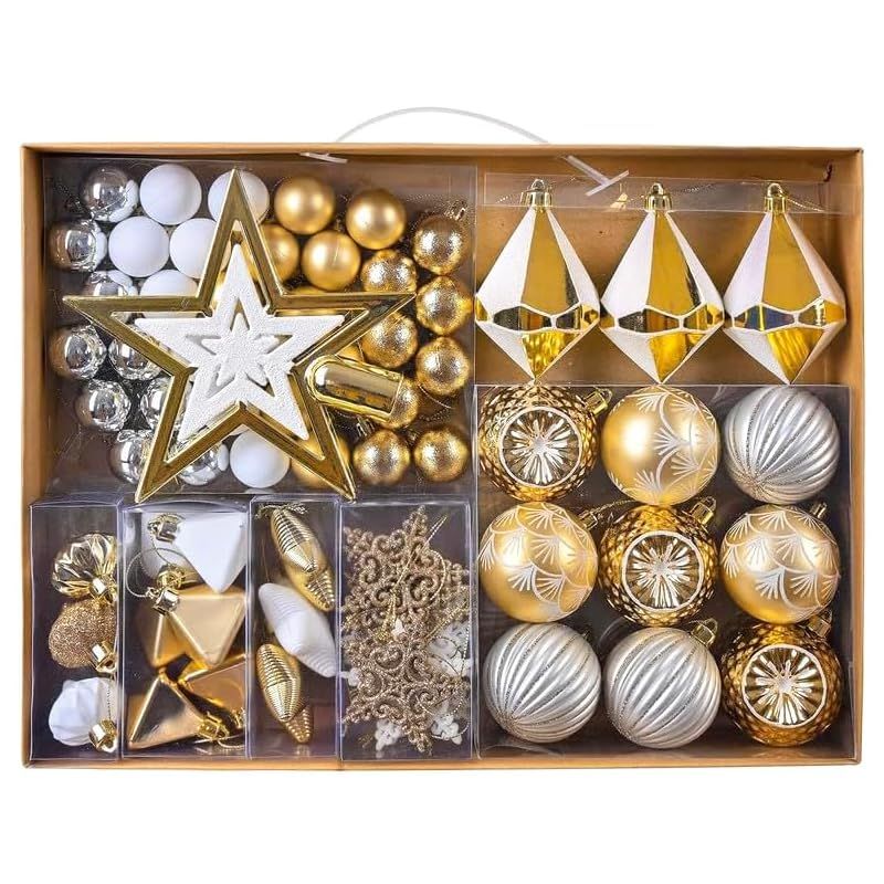 【新品】 Valery Madelyn クリスマス オーナメント 大容量 70個入りセット ホワイト・ゴールド 白金色 クリスマス ツリー 飾り ツリー デコレーション トップスター付き おしゃれ 雑貨 飾り付け 北欧風 豪華 1