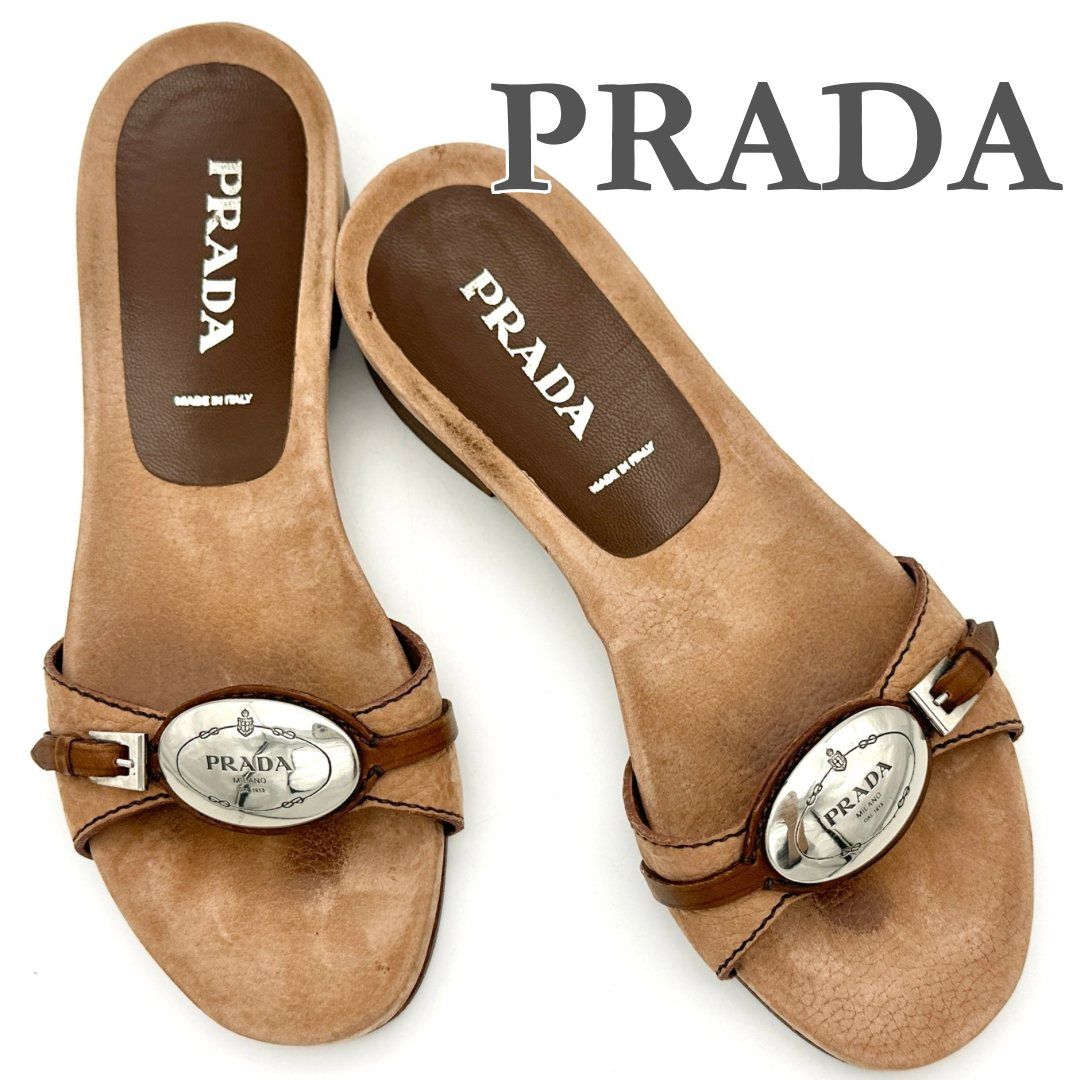 PRADA サンダル 本革 シルバーロゴプレート ブラウン 2402 T