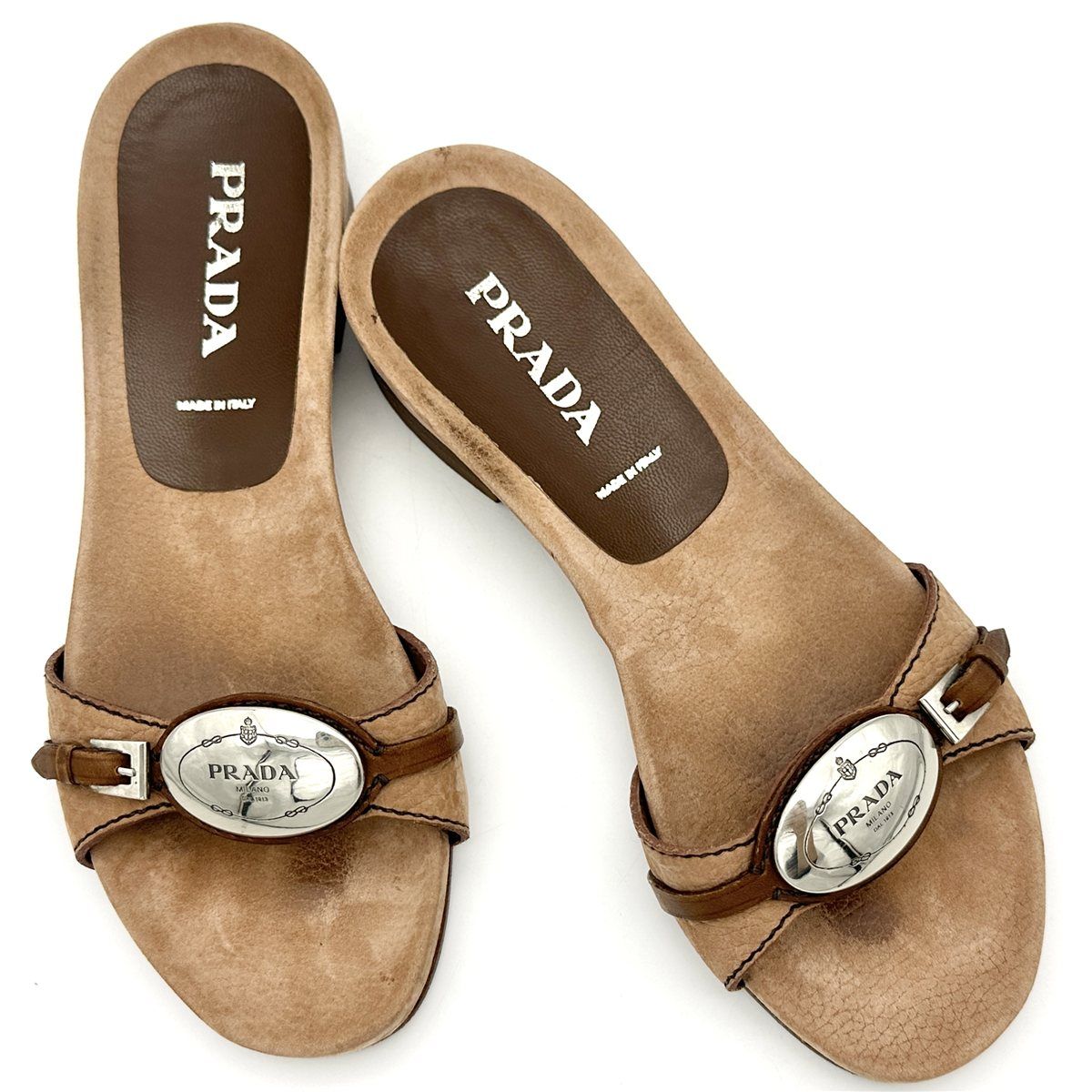 PRADA サンダル 本革 シルバーロゴプレート ブラウン 2402 T
