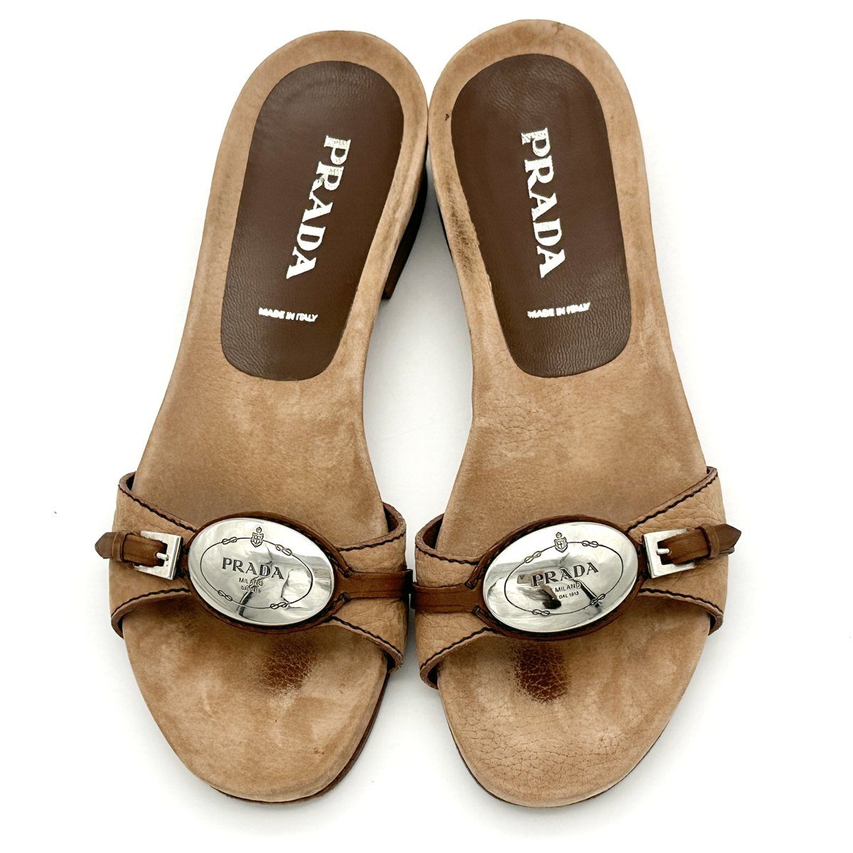  PRADA サンダル 本革 シルバーロゴプレート ブラウン 2402 T サンダル サンダル ミュール
