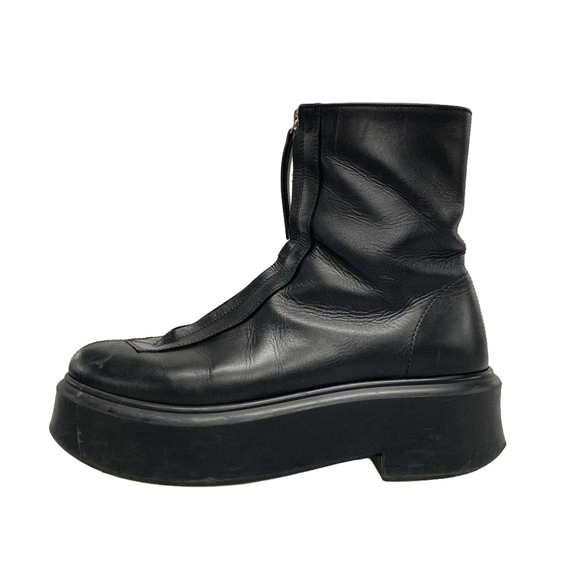 ザロウ ショートブーツ 38 レディース ジップドブーツ I 黒 フロントジップ クレープソール プラットフォーム レザー