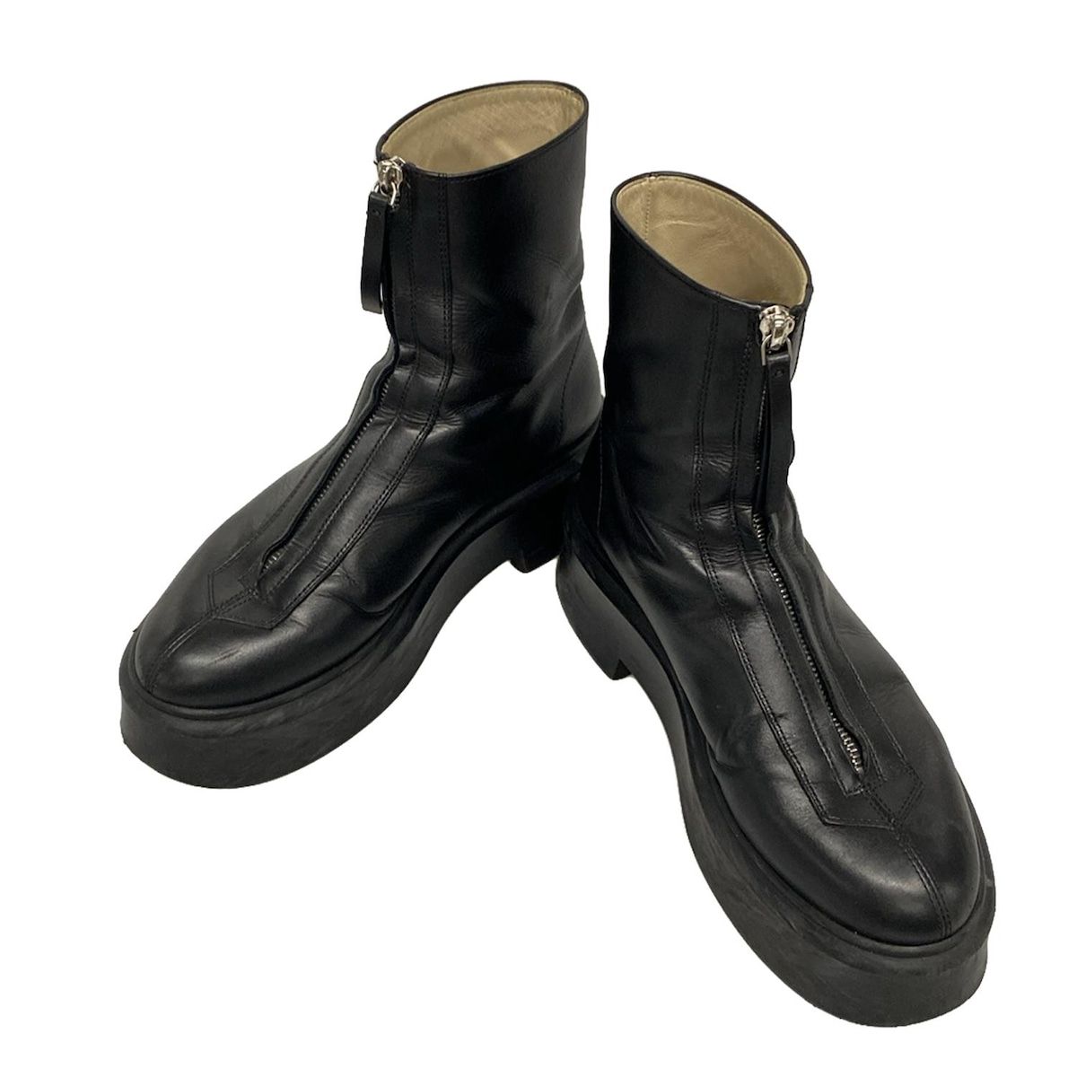 ザロウ ショートブーツ 38 レディース ジップドブーツ I 黒 フロントジップ クレープソール プラットフォーム レザー