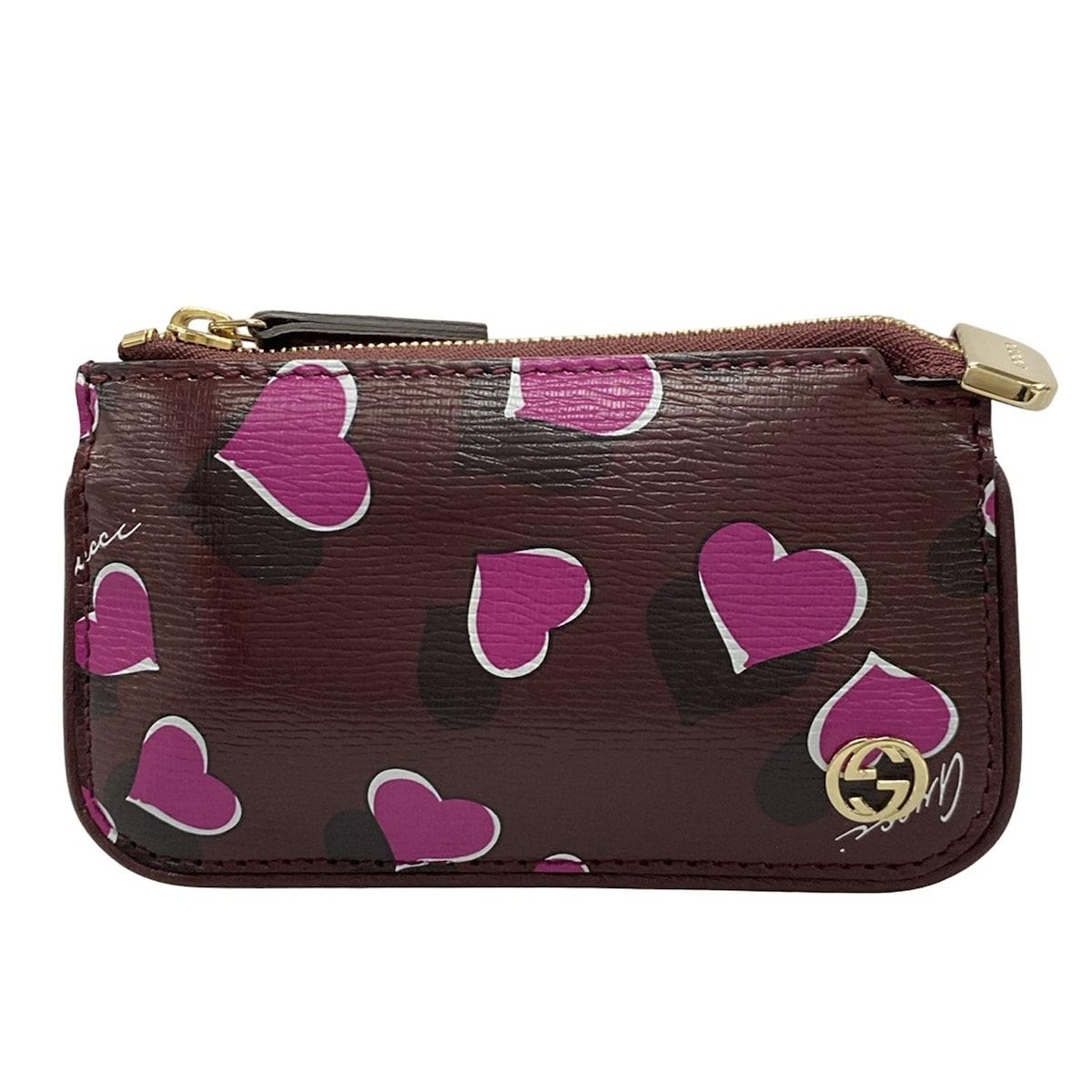 GUCCI グッチ コインケース インターロッキングG 233183 ボルドー×ピンク×マルチ ハート キーリング付き レザー