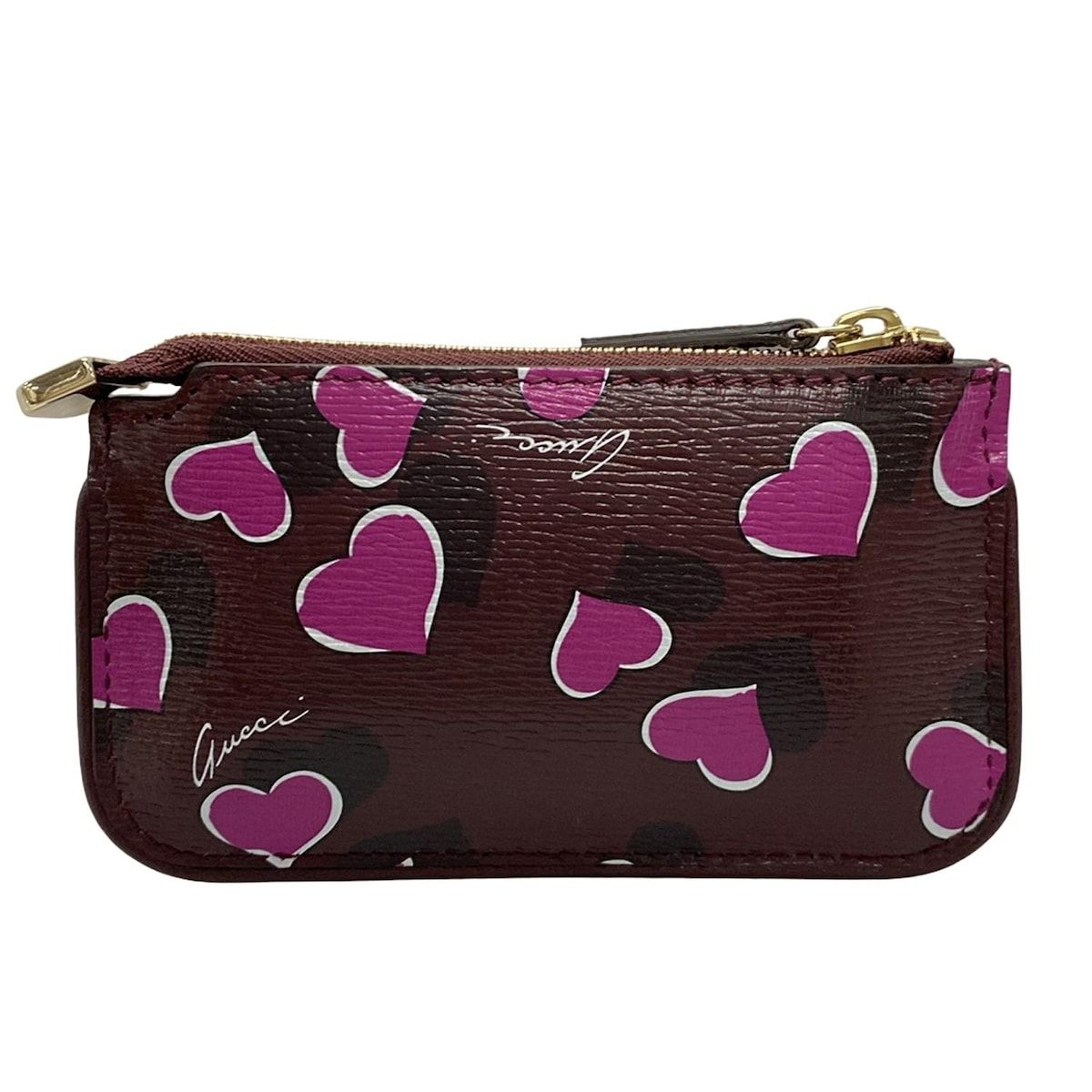 GUCCI グッチ コインケース インターロッキングG 233183 ボルドー×ピンク×マルチ ハート キーリング付き レザー