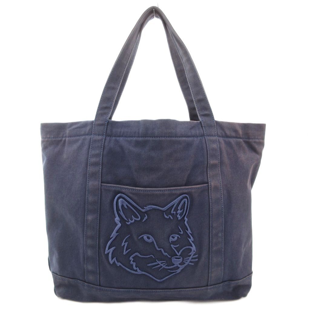 Maison Kitsuné 刺繍 トートバッグ ネイビー メゾンキツネ MAISON KITSUNE トートバッグ キャンバス ロゴ 刺繍 紺
