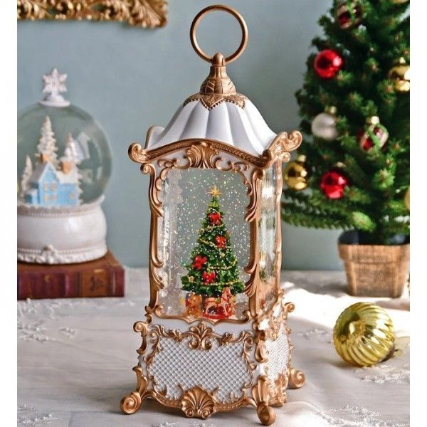 クリスマス スノードーム 電動 LED オルゴール ホワイトランタン ツリー オブジェ クリスマスツリー 置物