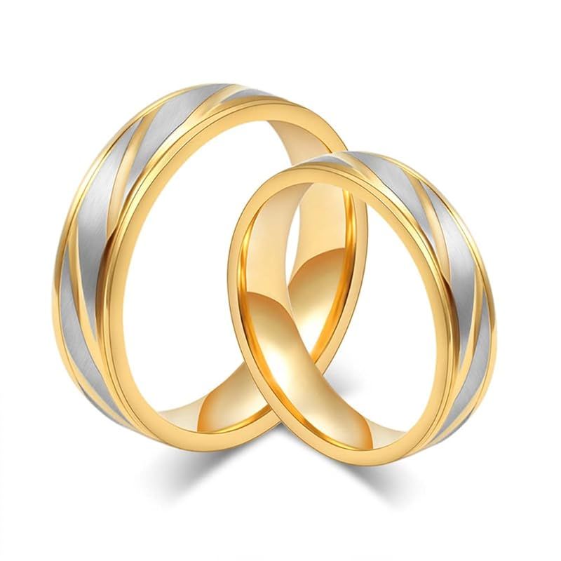 [Rockyu] 人気 ブランド ペアリング チタン指輪 シンプル メンズ ゴールド リング レディース リング エンゲージリング 結婚指輪 金 女性指輪 金幅4mm 男性指輪金幅6mm サイズ自由組み合わせ (金-