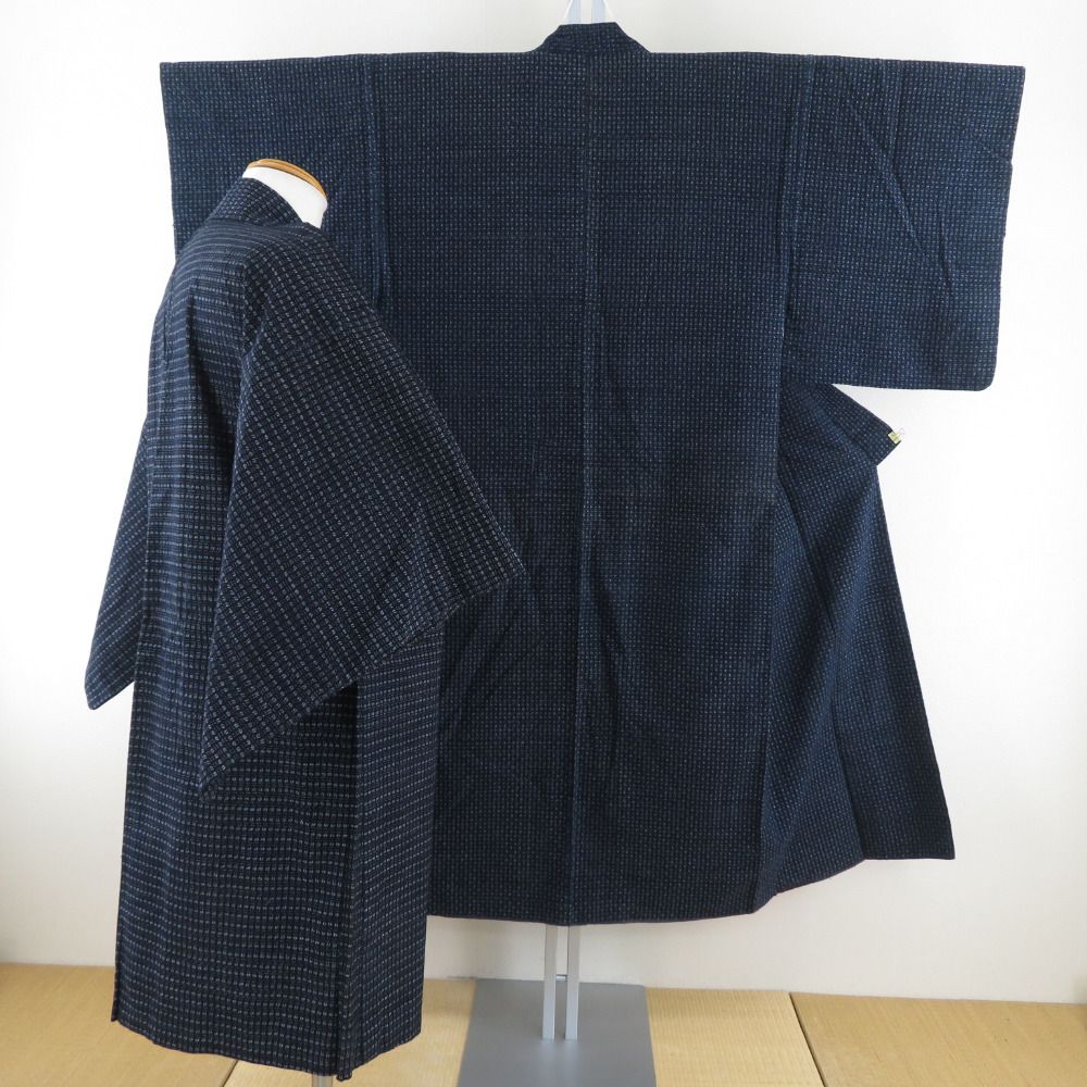 男着物 アンティーク 木綿 アンサンブル 書生絣 紺色ｘ青色ｘ灰色 袷 カジュアル着物 羽織 着流し 身丈133cm