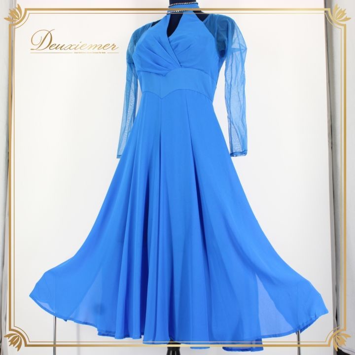 シンプルでエレガントなワンピース　社交ダンス　ブルー　Mサイズ 社交ダンス 衣装 スタンダードドレス スタンダード ドレス ワンピース