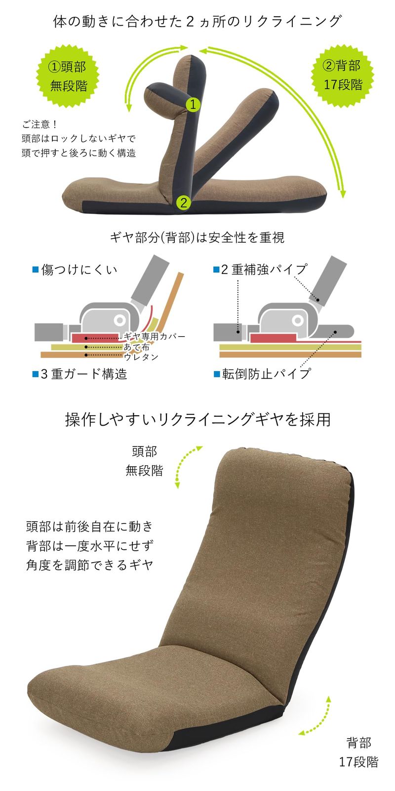  座椅子専科 しっかりウレタン ヘッドリクライニング座椅子 ブラウン ハイバック 頭部 背部 2ヵ所リクライニング リラックス その他 フェイスケア