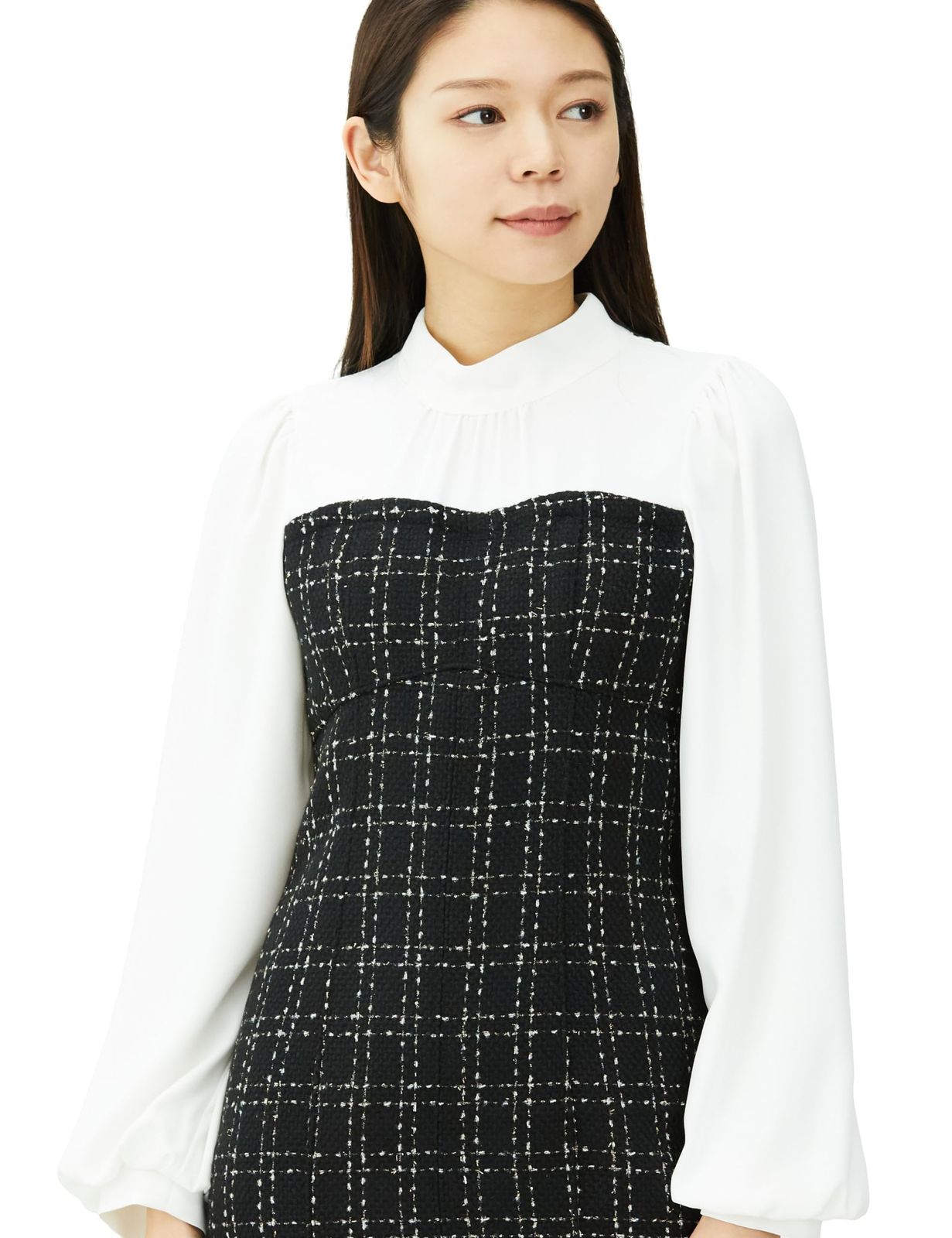 カジュアルドレス ラメツイードビスチェ風ドッキングワンピース