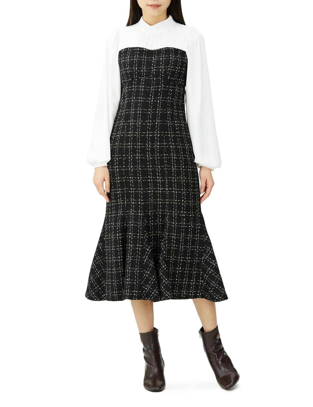 ミッシュマッシュ カジュアルドレス ラメツイードビスチェ風ドッキングワンピース MM347403 BLACK WHITE S レディース S