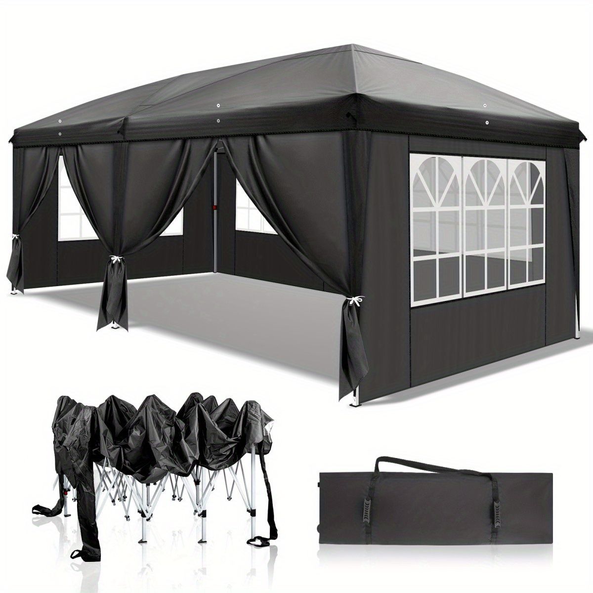 広々快適＆簡単設置 タープテント 3x6m サイドシート6枚付 ワンタッチ 高さ3段階調節 UVカット 収納袋付 ビーチ BBQ スポーツに ブラック 耐久ロープ