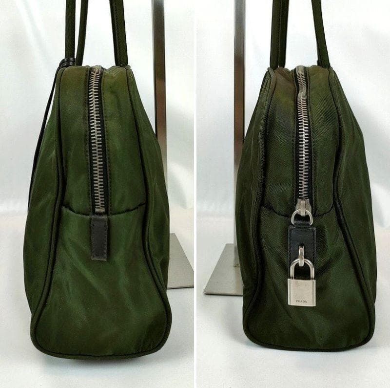 良品 PRADA プラダ ハンドバッグ グリーン 三角ロゴプレート