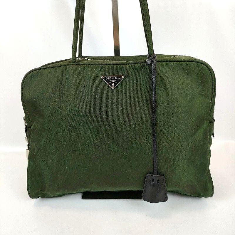 良品 PRADA プラダ ハンドバッグ グリーン 三角ロゴプレート
