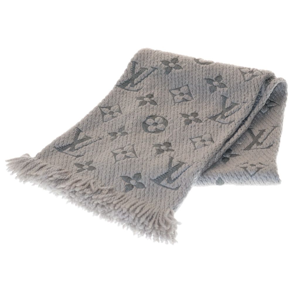 LOUIS VUITTON ルイヴィトン エシャルプ ロゴマニア シルク混 ウール フリンジ マフラー グレー M 74742