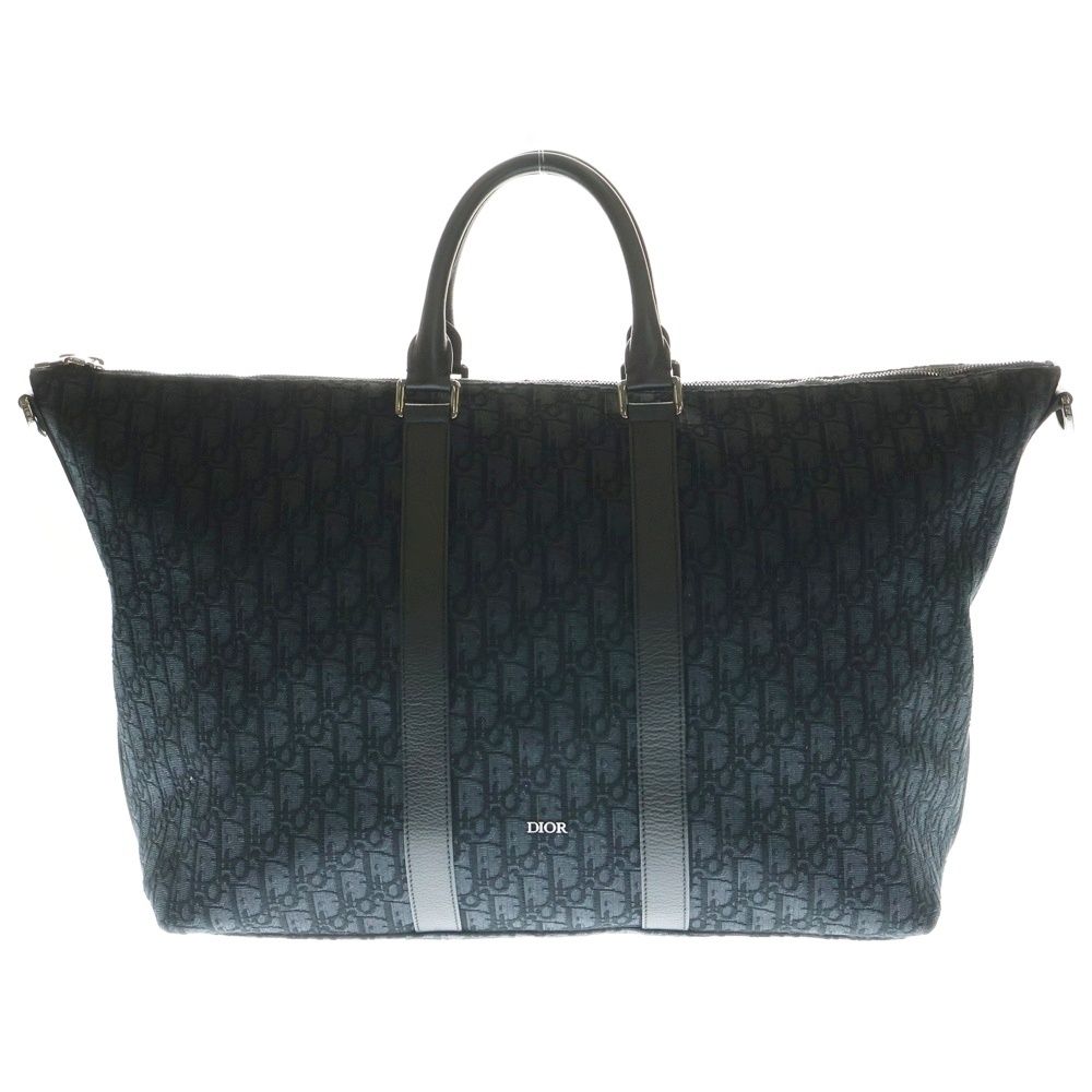 Christian Dior クリスチャンディオール 40 ウィークエンダー オブリーク柄 キャンバス レザー ハンド ボストンバッグ シルバー金具 ネイビー ブラック