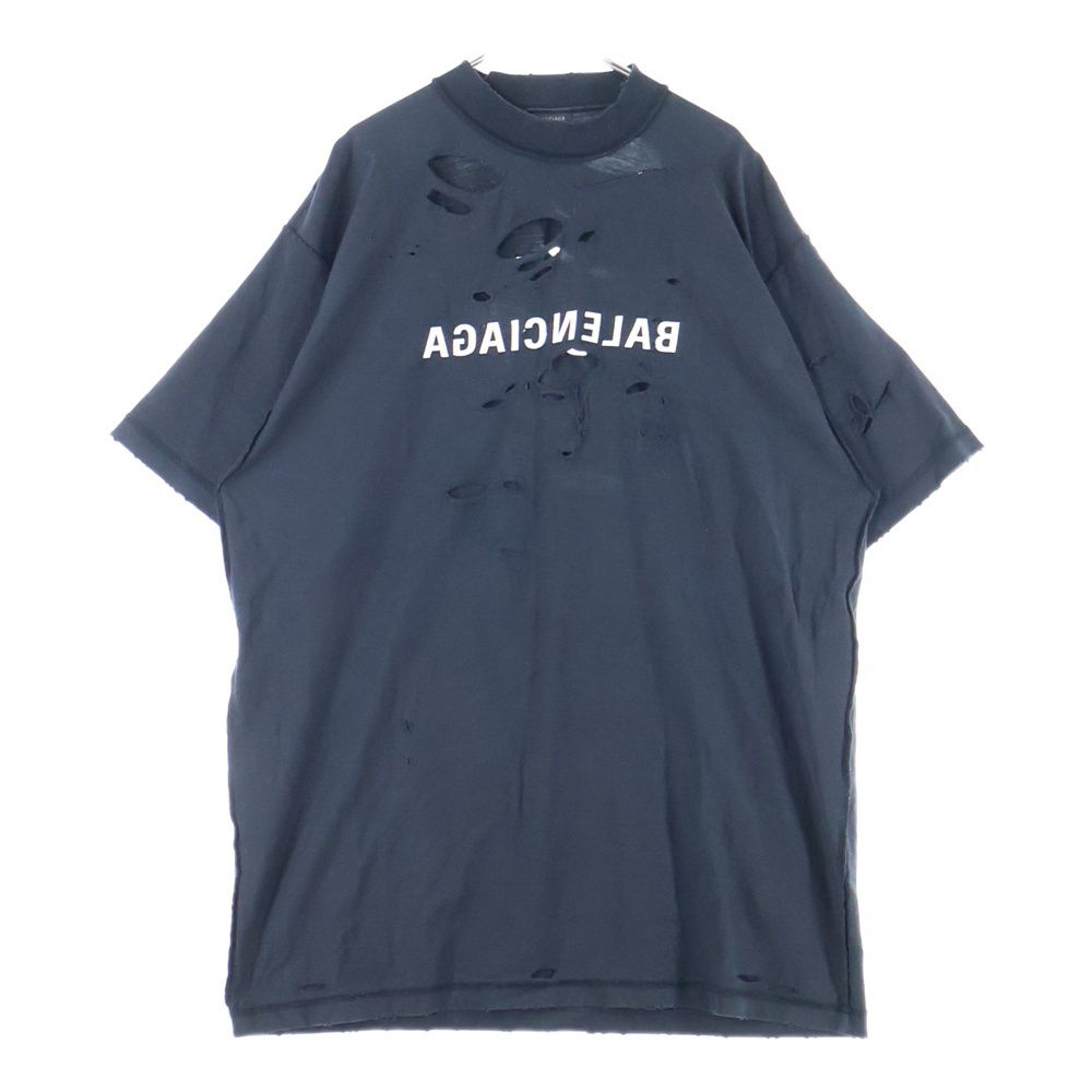 BALENCIAGA バレンシアガ 22AW Inside Out インサイドアウト ダメージ加工 ロゴ刺繍 オーバーサイズ クルーネック 半袖Tシャツ カットソー ブラック 720198