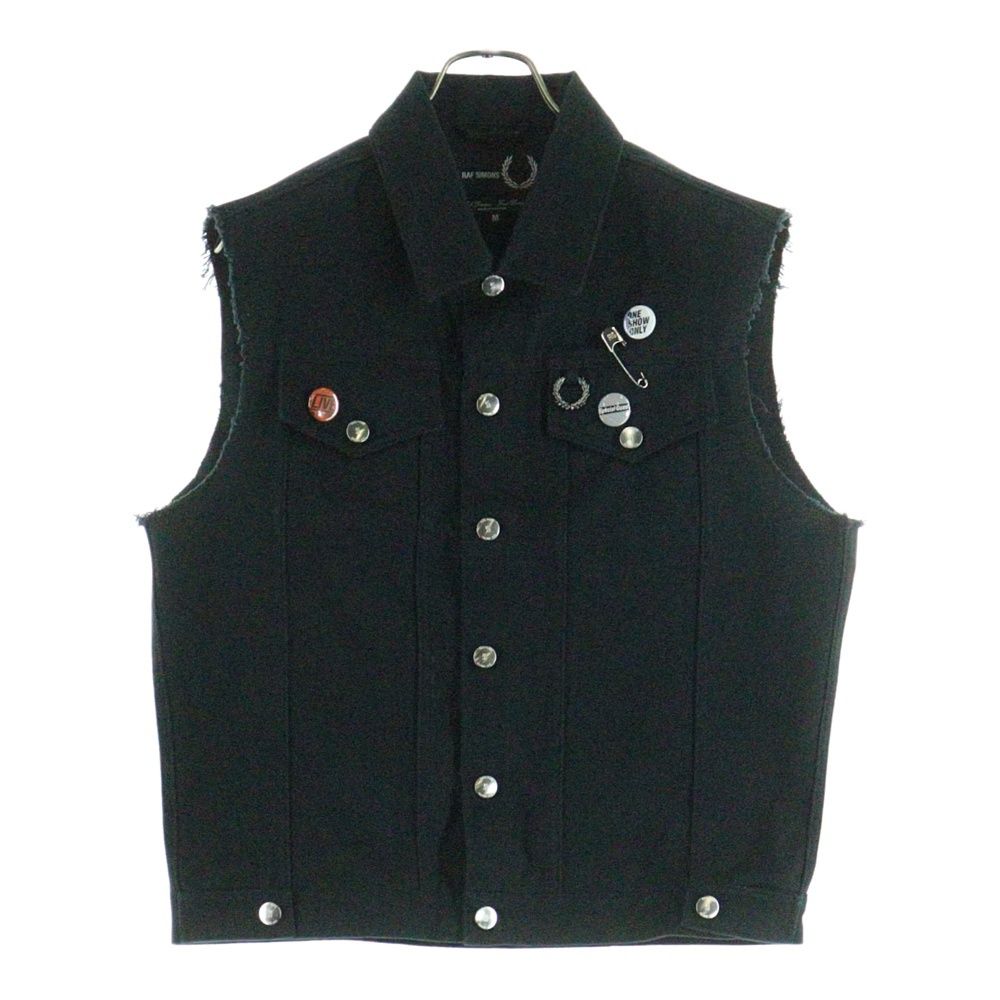 RAF SIMONS ラフシモンズ 22SS ×FREDPERRY Denim Gilet フレッドペリー カットオフ 缶バッジ付き デニムジレ ベスト ブラック SJ1963
