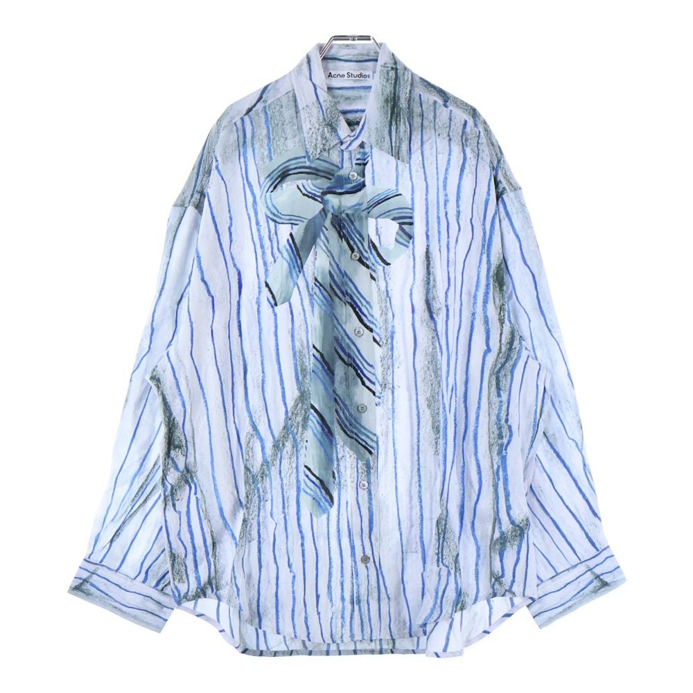 Acne Studios アクネ ストゥディオズ BUTTON UP SHIRT リボン ストライプ 転写プリント レーヨン 長袖シャツ ロングスリーブ ホワイト ブルー FN-MN-SHIR000890