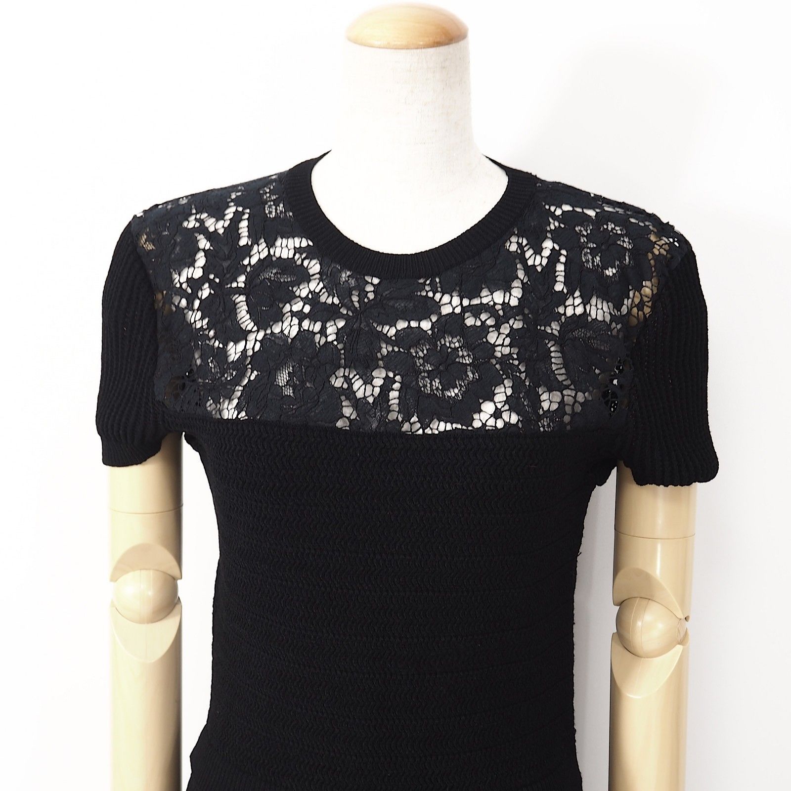  ヴァレンティノ レース切替 ニット ワンピース M ブラック レディース 5-DJ 122 半袖 ひざ丈ワンピース