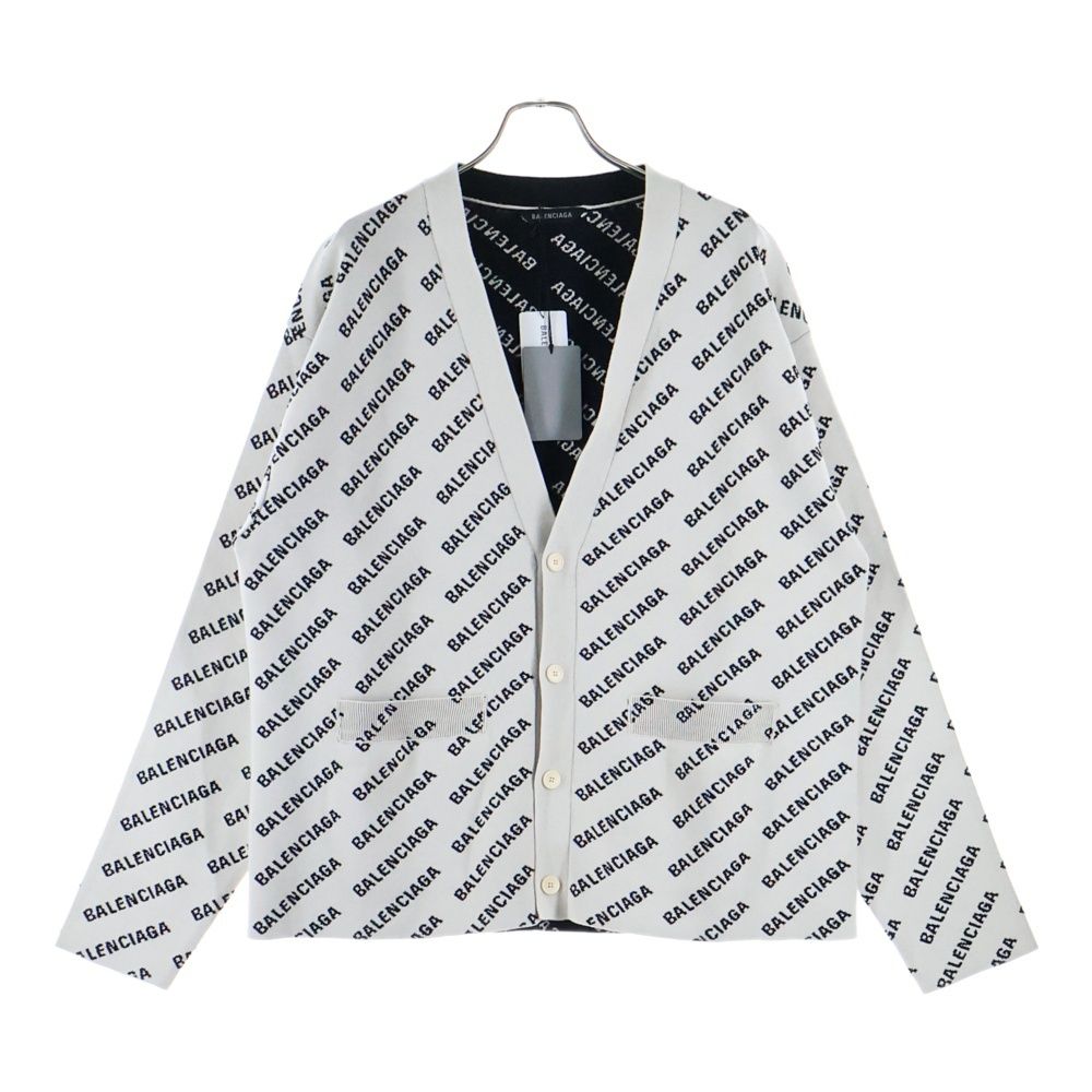 バレンシアガ Logo Intarsia Wool Cardigan ロゴインターシャ ウール ニット カーディガン ホワイト ブラック 718899 T 3233
