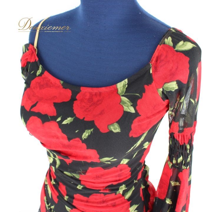 社交ダンス 衣装 ドレス ワンピース パーティ衣装 女性用 レディース オールシーズン 赤 緑 黒 ブラック系 レッド系 グリーン系 花柄 レース シック フラワープリント アシンメトリー デザイン エレガント 舞台衣装 イベント ルーム