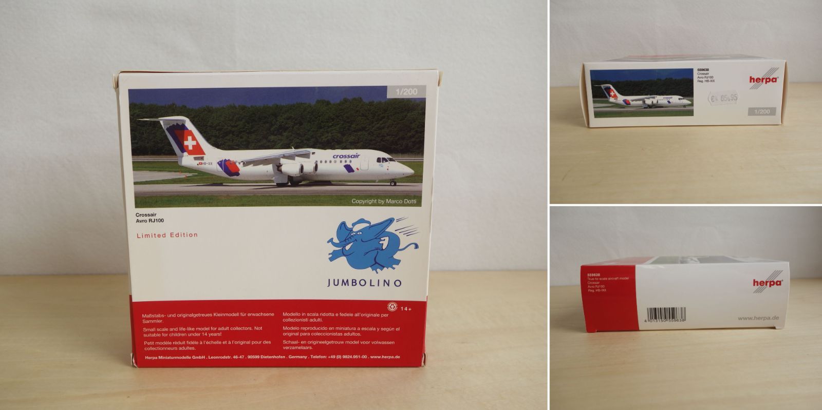 M 飛行機 旅客機 航空機 模型 ヘルパ Herpa クロスエア Crossair スイス アブロ Avro RJ 100 ジャンボリノ Jumbolino 1 200 HB IXX 38905