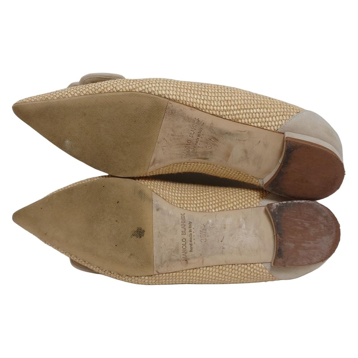  MANOLO BLAHNIK マノロブラニク フラットシューズ 36 1 2 レディース - ベージュ×グレーベージュ アウトソール張替済 フラットシューズ バレエシューズ パンプス