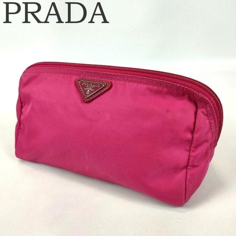 極美品】PRADA プラダ ポーチ 三角ロゴプレート ナイロン ピンク 可愛い