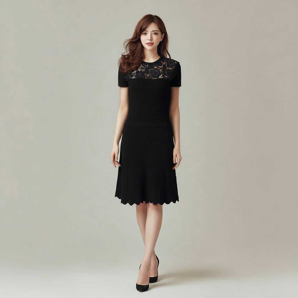 ヴァレンティノ VALENTINO レース切替 ニット ワンピース M ブラック レディース 5-DJ122