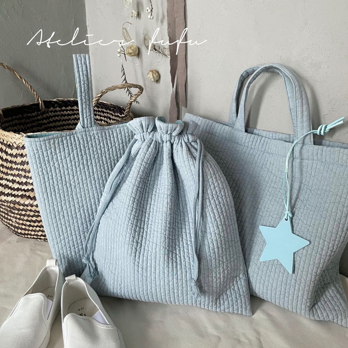 入園入学3点セット【ライトブルー】ヌビバッグ レッスンバッグ 上履き