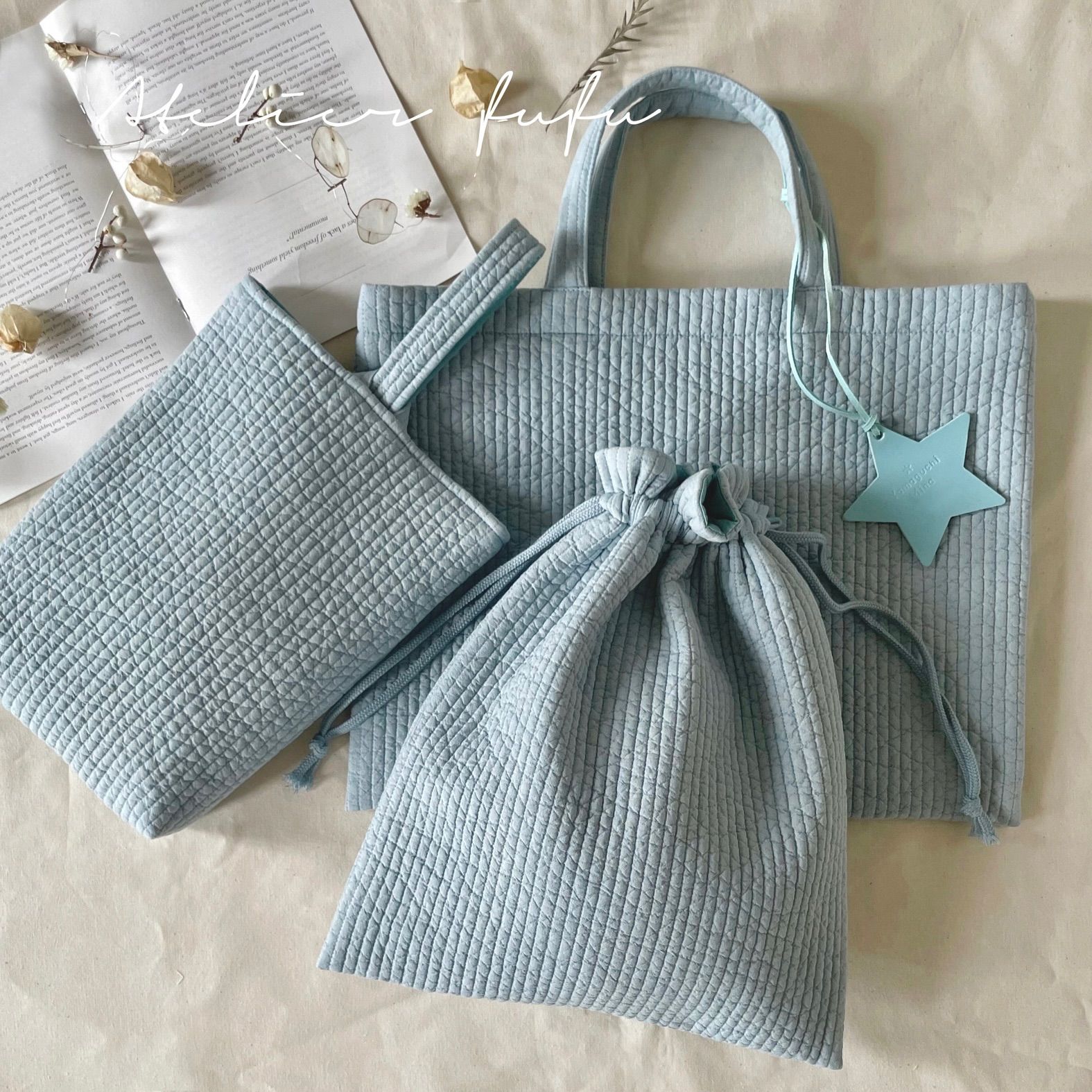 入園入学3点セット【ライトブルー】ヌビバッグ レッスンバッグ 上履き