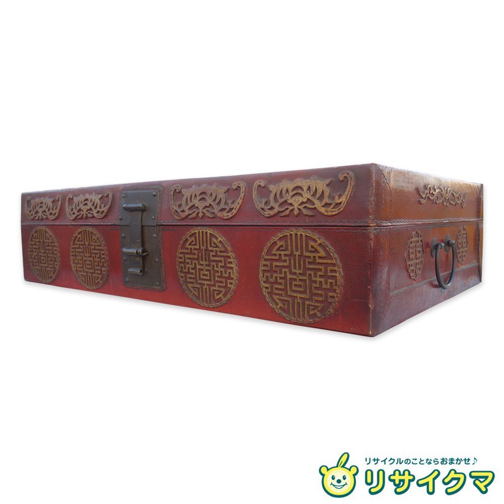 K 中国 志那 赤 トランク 鞄 かばん カバン 箱 収納 衣装ケース 薬箱 皮 革 模様 掛金 留め具 金具 行李 こうり 38923