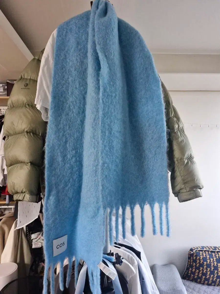 COS オーバーサイズ ブルー モヘア ブレンド スカーフ ターコイズ