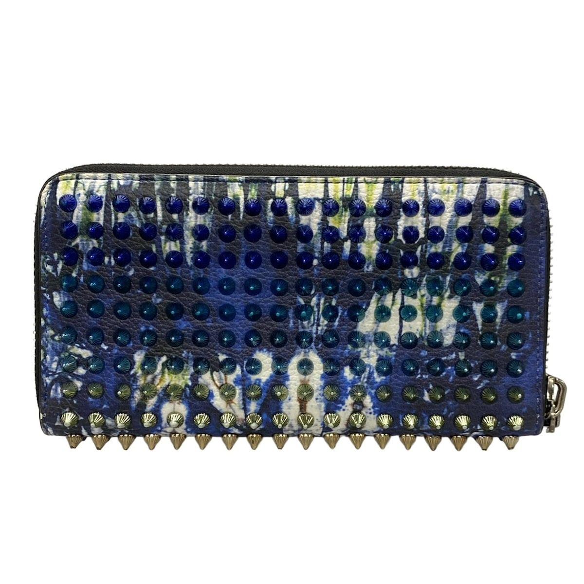 クリスチャンルブタン 長財布 パネトーネ ブルー×アイボリー×マルチ スタッズ ラウンドファスナー グラデーション レザー