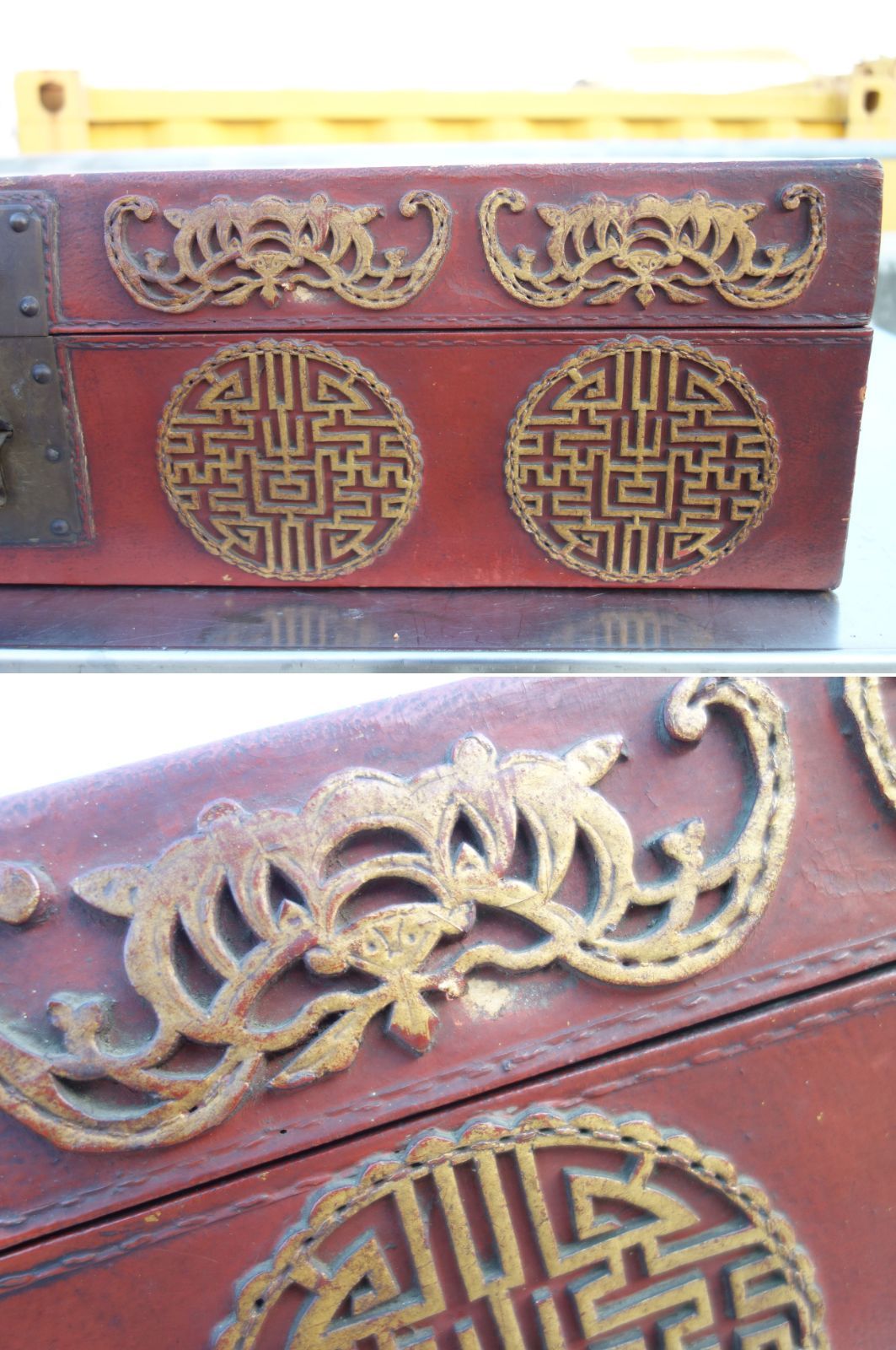 中古】K▽中国 志那 赤 トランク 鞄 かばん カバン 箱 収納 衣装ケース