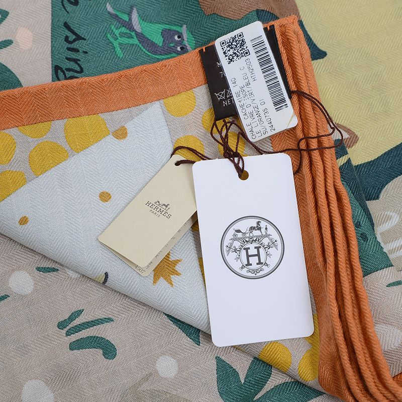  エルメス カレ140 ジェアン ショール イソップ物語 オレンジ グリーン ブル バンダナ スカーフ 小物
