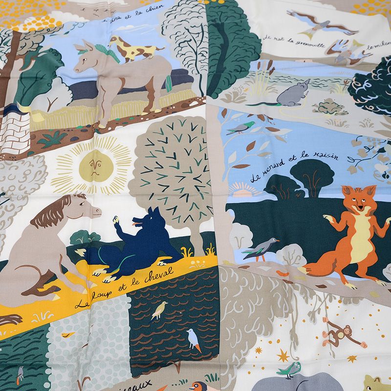 エルメス カレ140 ジェアン ショール イソップ物語 オレンジ グリーン ブル